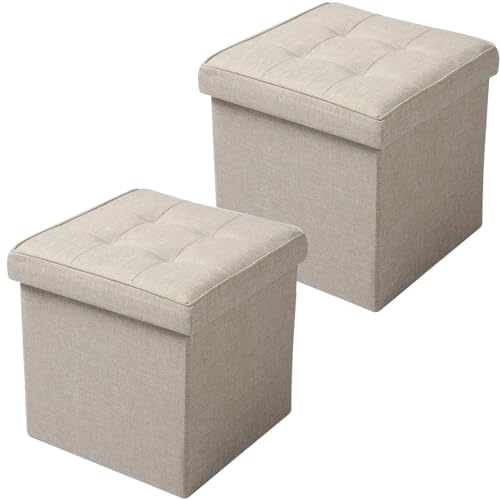 WOLTU 2er Set Sitzhocker mit Stauraum Sitzwürfel Sitzbank Faltbar Truhen Aufbewahrungsbox, Deckel Abnehmbar, Gepolsterte Sitzfläche aus Leinen, 37,5x37,5x38CM(LxBxH), Beige von WOLTU