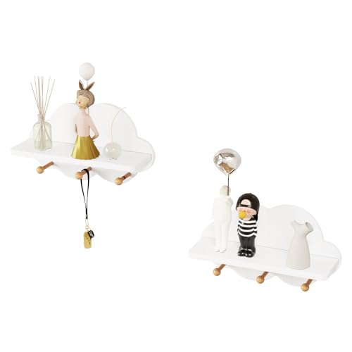 WOLTU 2er Set Wolkenregal, Kinder Garderobenhaken, Wandregal mit Haken, Hängeregal, Schweberegal weiß, schwebendes Regal für Kinderzimmer, Wanddeko, 36x12x20,5 cm von WOLTU