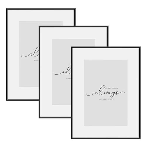 WOLTU 3er Set Bilderrahmen Din A4, Fotorahmen Aluminium Schwarz Matt, Bilderrahmen Collage mit Passepartout, Picture Frame mit Ständer, Posterrahmen mit Kunststoff, BR9956sz-3 von WOLTU