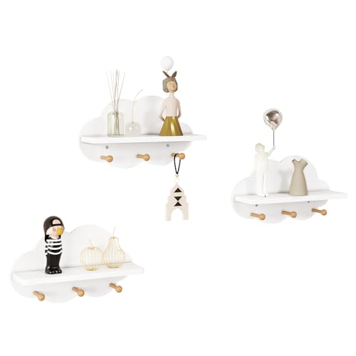 WOLTU 3er Set Wolkenregal, Kinder Garderobenhaken, Wandregal mit Haken, Hängeregal, Schweberegal weiß, schwebendes Regal für Kinderzimmer, Wanddeko, 36x12x20,5 cm von WOLTU