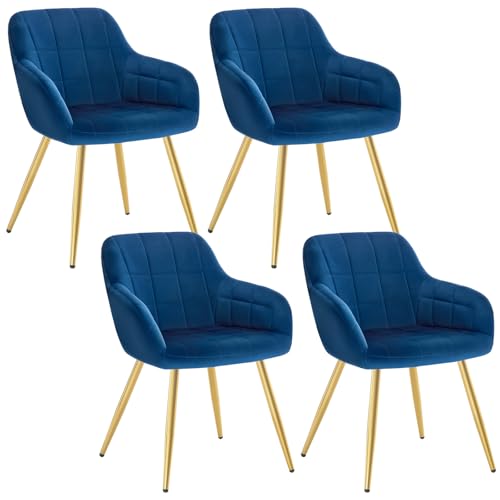WOLTU Esszimmerstühle 4er Set Esszimmerstuhl Küchenstuhl Polsterstuhl Design Stuhl mit Armlehnen, mit Sitzfläche aus Samt, Gestell aus Metall, modern, Gold Beine, Blau, BH232bl-4 von WOLTU