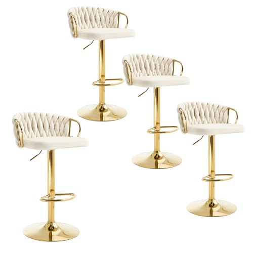 WOLTU 4 x Set Barhocker, Barstühle höhenverstellbar 360° drehbar, Küchenhocker mit geflochtener Rückenlehne Fußstütze, Samtstuhl mit Metallrahmen, Creme, BH426cm-4 von WOLTU