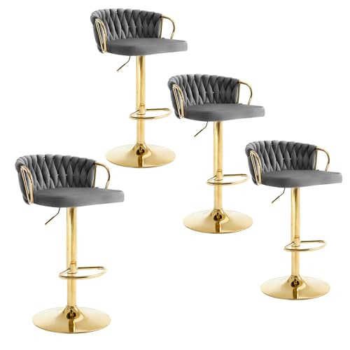 WOLTU 4 x Set Barhocker, Barstühle höhenverstellbar 360° drehbar, Küchenhocker mit geflochtener Rückenlehne Fußstütze, Samtstuhl mit Metallrahmen, Dunkelgrau, BH426dgr-4 von WOLTU
