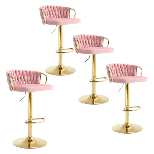 WOLTU 4 x Set Barhocker, Barstühle höhenverstellbar 360° drehbar, Küchenhocker mit geflochtener Rückenlehne Fußstütze, Samtstuhl mit Metallrahmen, Rosa, BH426rs-4 von WOLTU