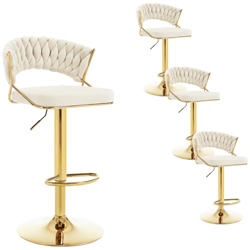 WOLTU 4 x Set Barhocker höhenverstellbar, Barstühle 360° drehbar, Küchenhocker mit geflochtener Rückenlehne Fußstütze, Samthocker Metall, Creme, BH427cm-4 von WOLTU