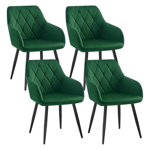 WOLTU 4er Set Esszimmerstühle mit Armlehne Rückenlehne, für Esszimmer Wohnzimmer Küche, Bequeme Küchenstühle gepolstert mit Samtbezug, Metallbeinen, Dunkelgrün von WOLTU