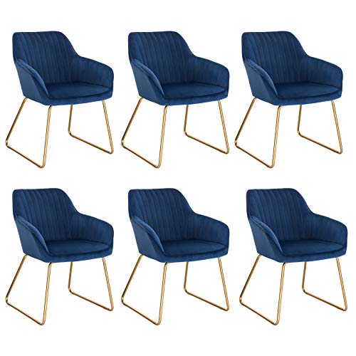 WOLTU 6 x Esszimmerstühle 6er Set Esszimmerstuhl Küchenstuhl Polsterstuhl Design Stuhl mit Armlehne, mit Sitzfläche aus Samt, Gestell aus Metall, Gold Beine, Blau, BH246bl-6 von WOLTU