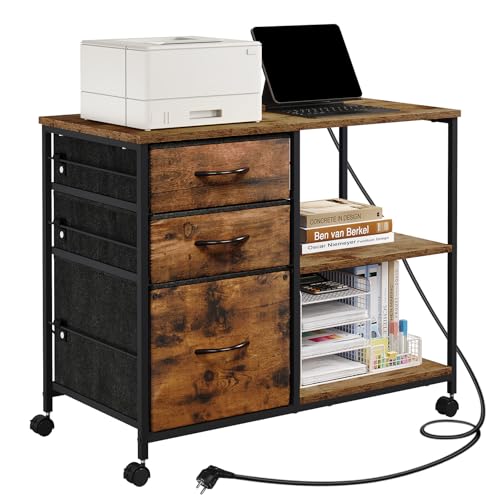 WOLTU Aktenschrank mit Ladestation, Rollcontainer mit Schubladen, Büroschrank, Druckertisch mit Rollen, offenen Ablagen, aus Metall Holzwerkstoff,Vintagebraun, ASK07shm WOLTU Aktenschrank mit Ladestation, Rollcontainer mit Schubladen, Büroschrank, Druckertisch mit Rollen, offenen Ablagen, aus Metall Holzwerkstoff,Vintagebraun, ASK07shm von WOLTU
