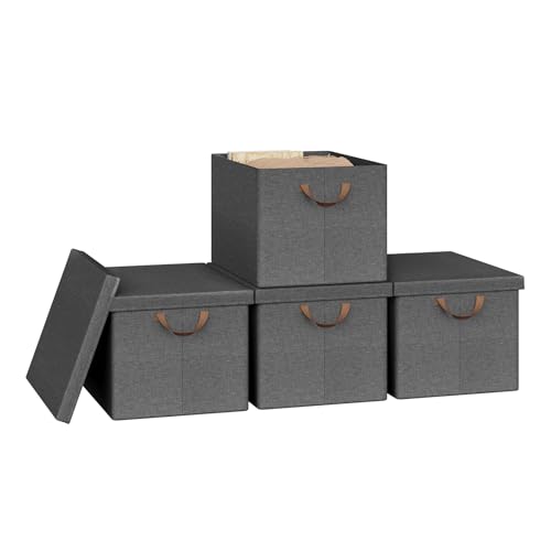 WOLTU Faltbare Aufbewahrungsboxen 4 Stück, Stoffboxen mit Deckel, Aufbewahrungskörbe für Spielzeug, Kleidung, Bettdecke, Grau, 48x36x30cm von WOLTU