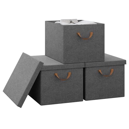 WOLTU Aufbewahrungsbox mit Deckel groß, Aufbewahrungskorb faltbar, Stoffbox grau, Aufbewahrungstasche für Kleidung Bettdecke, Spielzeugkiste, Klappbox 3-Stück, 48x30x36 cm, ABB04gbn-3 von WOLTU