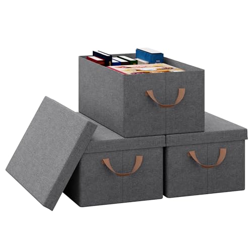 WOLTU Aufbewahrungsboxen, 3er Set, Box mit Deckel, Stoff Aufbewahrungskorb, Organizer Box für Spielzeug und Kleidung, Ordnungsbox, Klappbox, Faltbox Grau, 48x20x29 cm, ABB02gbn-3 von WOLTU