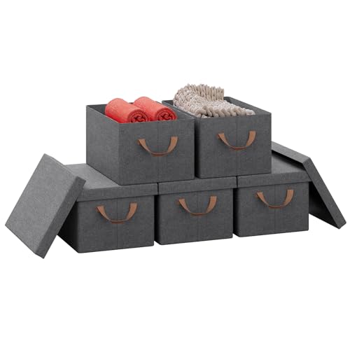 WOLTU Aufbewahrungsboxen 5er Set, Box mit Deckel, Stoffbox, Aufbewahrungskorb, faltbare Box, Aufbewahrungswürfel mit Griffen, Klappbox, für Kleidung Spielzeug, Grau, 38x20x27 cm, ABB01gbn-5 von WOLTU