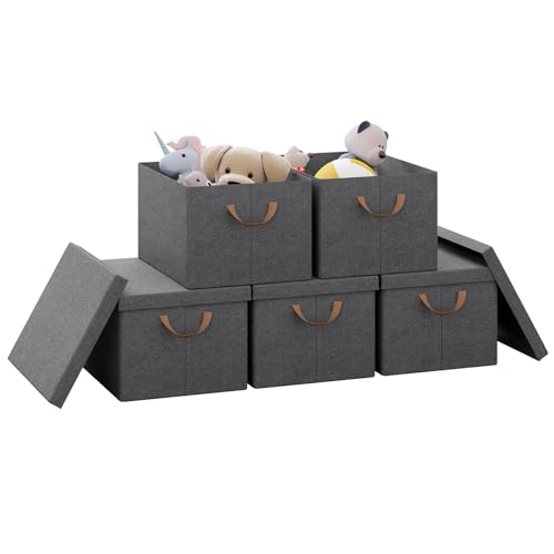 WOLTU Aufbewahrungsboxen 5er Set, Box mit Deckel Griffen, Aufbewahrungskorb faltbar, Stoffbox, Organizer Box, Kiste für Spielzeug Kleidung, Klappbox Grau, 43x26x33 cm, ABB03gbn-5 von WOLTU