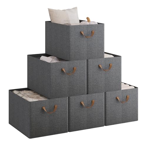 WOLTU Faltbare Aufbewahrungsboxen 6 Stück, Stoff-Aufbewahrungswürfel mit Griffen, Organizer Boxen für Regale, Stapelboxen zur Aufbewahrung, Grau, 47x35x30cm von WOLTU
