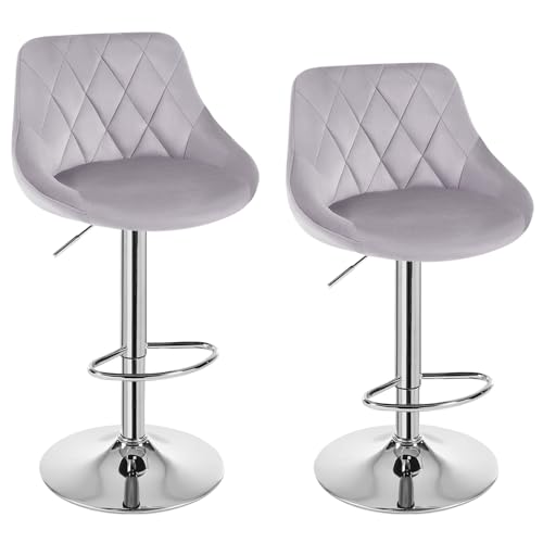 WOLTU Barhocker 2er Set, Hocker höhenverstellbar drehbar, gepolsterter Samtsitz, mit Rückenlehne Fußstütze, rutschfest, für Küche Hausbar, Hellgrau, BH138hgr-2 von WOLTU