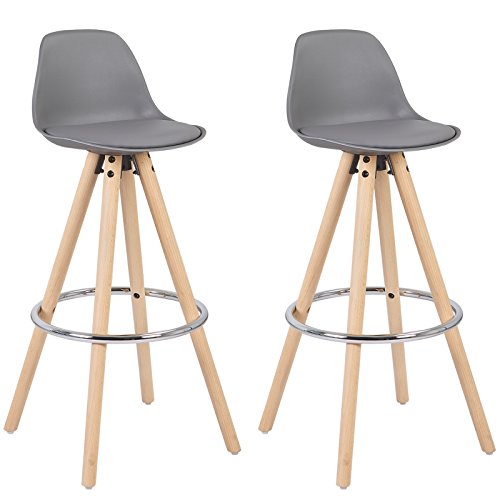 WOLTU Barhocker 2er Set Barstuhl aus Kunststoff Holzgestell mit Lehne + Fußstütze Design Stuhl Küchenstuhl optimal Komfort Grau von WOLTU