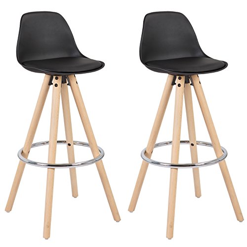 WOLTU Barhocker 2er Set Barstuhl aus Kunststoff Holzgestell mit Lehne + Fußstütze Design Stuhl Küchenstuhl optimal Komfort Schwarz von WOLTU