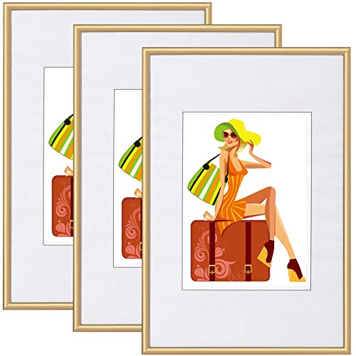 WOLTU BR9857gd-3 Bilderrahmen 3er Set mit Passepartout Kunststoff Rahmen, Glasvorderseite, Gold, 10x15 cm von WOLTU