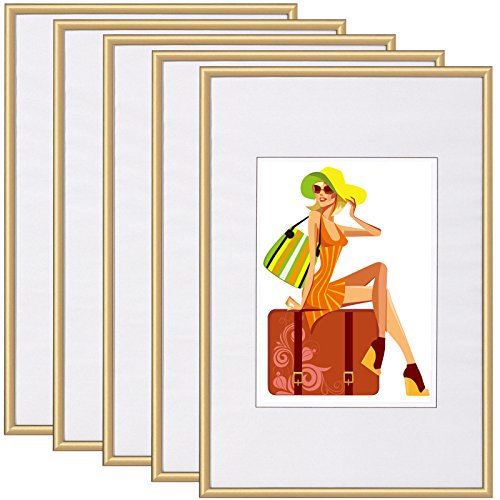 WOLTU Bilderrahmen 10x15 cm Set of 5 Fotorahmen aus Kunststoff mit Passepartout, Posterrahmen zum vertikalen oder horizontalen Aufhängen/Aufstellen, Collage Wanddeko, Gold von WOLTU