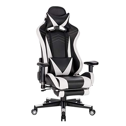 WOLTU Gaming Stuhl, PU Leder Bürostuhl Gaming Chair Ergonomisch mit Lendenkissen, Gamer Stuhl Racing PC-Stuhl mit Wippfunktion & Fußstütze Live-Streaming Drehstuhl Schwarz+Weiß von WOLTU