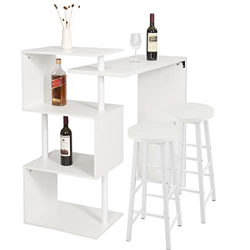 WOLTU Bartisch mit 2 Barhockern Set, drehbarer Stehtisch mit 3 Ablagefläche, Bistrotisch mit Barstuhl aus Holz & Metall, 134x38x112cm, Weiß von WOLTU
