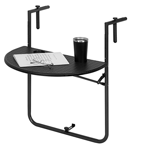 WOLTU Balkonhängetisch, Balkontisch zum Hängen, Hängetisch klappbar Beistelltisch Gartentisch, Klapptisch mit 3 Höhen, 2 Tassenhalterungen, in Rattan-Optik, 59,5x39 cm Schwarz CPT8143sz von WOLTU