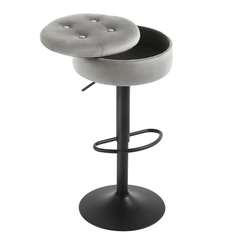 WOLTU Barhocker, Sitzhocker mit Stauraum, Hocker höhenverstellbar 360° drehbar, Drehhocker für Kücheninsel Esszimmer Bar Küche Tresen, Samt Metall, Hellgrau von WOLTU