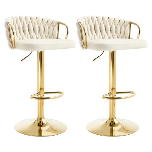 WOLTU Barhocker 2er Set, Barstühle höhenverstellbar 360° drehbar, Küchenhocker mit geflochtener Rückenlehne Fußstütze, Samtstuhl mit Metallrahmen, Creme, BH426cm-2 von WOLTU