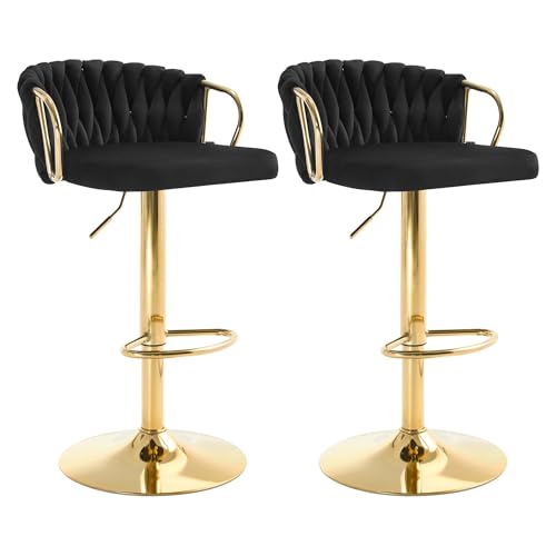 WOLTU Barhocker 2er Set, Barstühle höhenverstellbar 360° drehbar, Küchenhocker mit geflochtener Rückenlehne Fußstütze, Samtstuhl mit Metallrahmen, Schwarz, BH426sz-2 von WOLTU