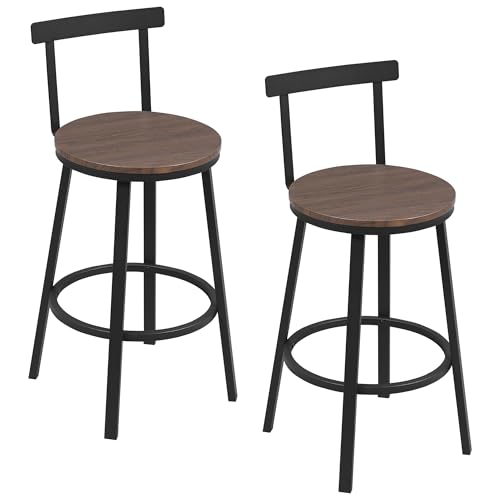 WOLTU Barhocker 2er Set, Barstuhl, Bar Hocker rund, Küchenhocker mit Lehne, Metallgestell, Fußstütze, Tresenhocker 150 kg belastbar, für Bar Kücheninsel Esszimmer, Dunkle Holzoptik, BH430dc-2 von WOLTU