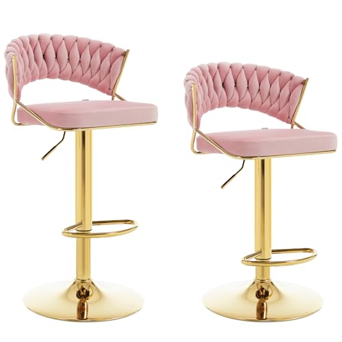 WOLTU Barhocker 2er Set höhenverstellbar, Barstühle 360° drehbar, Küchenhocker mit geflochtener Rückenlehne Fußstütze, Samthocker Metall, Rosa, BH427rs-2 von WOLTU