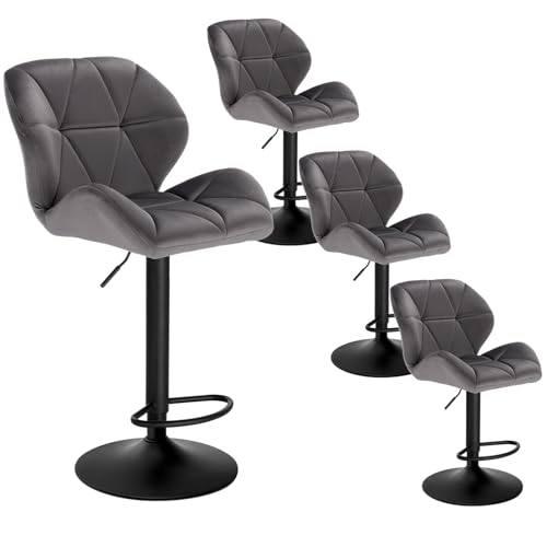 WOLTU Barhocker 4er Set Barstuhl Tresenhocker Bistrohocker Designer Hocker mit Rückenlehne, höhenverstellbar, drehbar, Samt Stahl, Dunkelgrau BH139dgr-4 von WOLTU