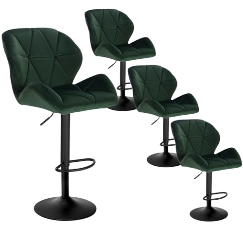 WOLTU Barhocker 4er Set Barstuhl Tresenhocker Bistrohocker Designer Hocker mit Rückenlehne, höhenverstellbar, drehbar, Samt Stahl, Dunkelgrün BH139dgn-4 von WOLTU