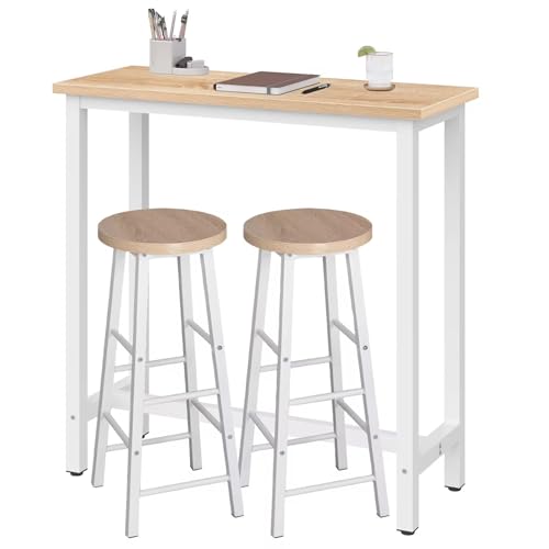 WOLTU Bartisch mit Barhocker Set, Stehtisch mit 2 Hockern, Essgruppe, Küchentisch mit Küchenstühlen, Esstisch, Runde Barhocker, Metallgestell, Industrie-Design, Hell Eiche von WOLTU