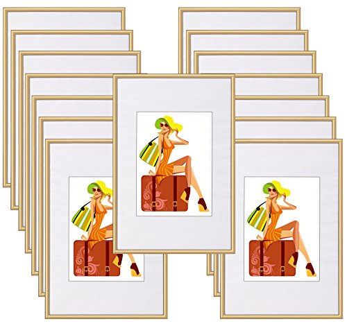 WOLTU Bilderrahmen 10x15 cm 15er Set 15er Set Fotorahmen aus Kunststoff mit Passepartout, Posterrahmen zum vertikalen oder horizontalen Aufhängen/Aufstellen, Collage Wanddeko, Gold von WOLTU