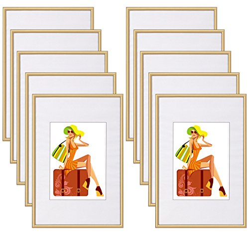 WOLTU Bilderrahmen 10x15 cm Set of 10 Fotorahmen aus Kunststoff mit Passepartout, Posterrahmen zum vertikalen oder horizontalen Aufhängen/Aufstellen, Collage Wanddeko, Gold von WOLTU