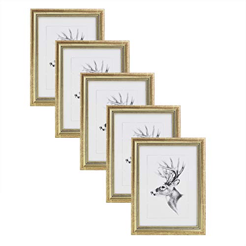 WOLTU Bilderrahmen 18x24 cm Set of 5 Fotorahmen Holzrahmen mit Passepartout, zum vertikalen oder horizontalen Aufhängen/Aufstellen, Posterrahmen Collage, Gold Wanddeko, Gold von WOLTU