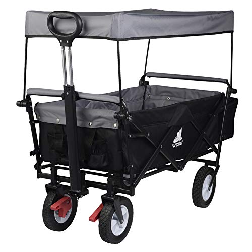 WOLTU Bollerwagen faltbar Handwagen Gartenwagen mit Dach, Rollen mit Bremse, Strandwagen mit Sonnenschutz, für Garten Camping Kinder, 80 kg belastbar, Anthrazit, TW007ang von WOLTU