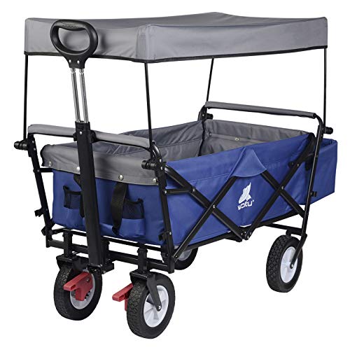 WOLTU Bollerwagen faltbar Handwagen Gartenwagen mit Dach, Rollen mit Bremse, Strandwagen mit Sonnenschutz, für Garten Camping Kinder, 80 kg belastbar, Blau, TW005blg von WOLTU