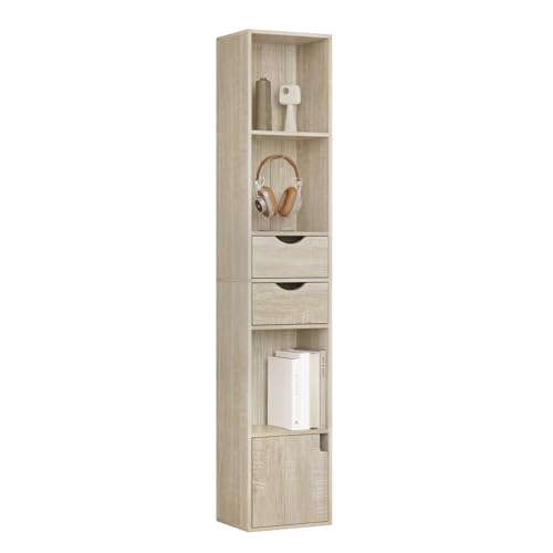 WOLTU Bücherregal Bücherschrank, Standregal mit Schubladen, Regal mit Tür, Büroregal, Aufbewahrungsregal für Wohnzimmer Schalfzimmer, helle Eiche, 30 x 158 x 24 cm, SK028hei von WOLTU