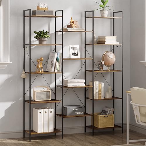 WOLTU Bücherregal Standregal Regal mit 14 Ablagen 4 Haken, für Wohnzimmer Schlafzimmer Arbeitszimmer Küche Flur, Industrial, aus Metall Holzwerkstoff, Vintage-Holzoptik Schwarz, RGB51shm von WOLTU