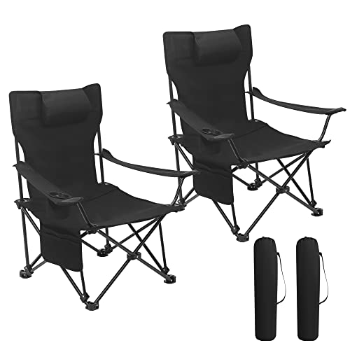 WOLTU Campingstuhl Klappstuhl 2er Set, Faltstuhl Anglerstuhl faltbar für Outdoor, Camping, bis 150 kg belastbar mit Armlehnen und Getränkehalter Schwarz von WOLTU