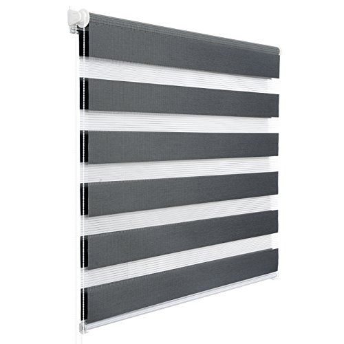 WOLTU Doppelrollo Klemmfix ohne Bohren Dunkelgrau B45 x H150 cm, Duo Rollo Zebrarollo Fensterrollo Klemmrollo Seitenzugrollo Easyfix lichtdurchlässig & verdunkelnd Rollos für Fenster und Tür von WOLTU