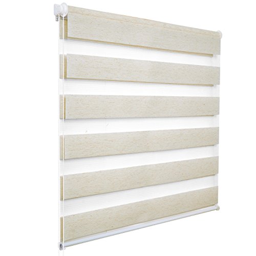 WOLTU Doppelrollo Klemmfix ohne Bohren Holzlook Buche B120 x H150 cm, Duo Rollo lichtdurchlässig Fensterrollo für innen verdunkelnd, Zebrarollo mit Kettenzug - Seitenzugrollo für Fenster und Tür von WOLTU