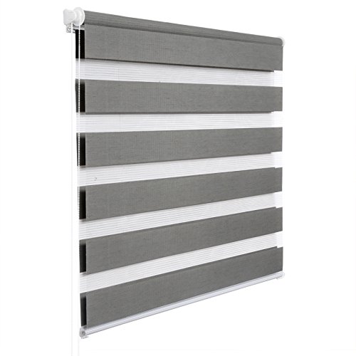 WOLTU Doppelrollo Klemmfix ohne Bohren Holzlook Grau B55 x H150 cm, Duo Rollo Zebrarollo Fensterrollo Klemmrollo Seitenzugrollo Easyfix lichtdurchlässig & verdunkelnd Rollos für Fenster und Tür von WOLTU