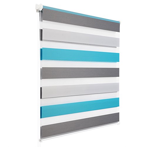 WOLTU Doppelrollo Klemmfix ohne Bohren Weiß+Grau+Türkis B65 x H150 cm, Duo Rollo lichtdurchlässig Fensterrollo für innen verdunkelnd, Zebrarollo mit Kettenzug - Seitenzugrollo für Fenster und Tür von WOLTU