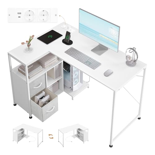 WOLTU Eckschreibtisch weiß, Schreibtisch L-Form,120x80 cm, Bürotisch mit Steckdosen USB-A Typ-C, Computertisch mit Regal umkehrbar, Rechnerfach, Metallrahmen, TS191ws von WOLTU