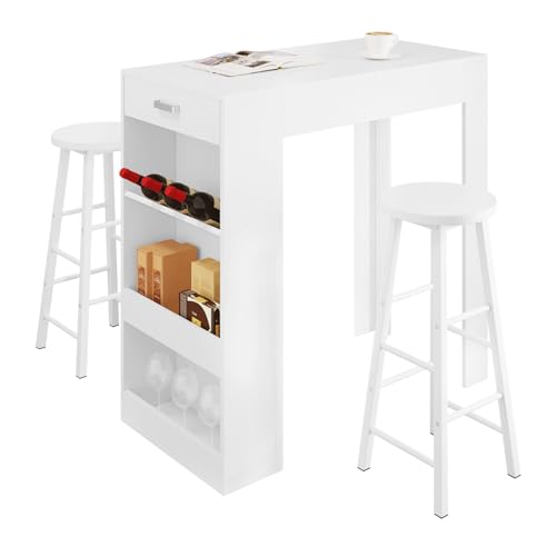 WOLTU Essgruppe, Esszimmergruppe, Bartisch mit barhocker Set, Stehtisch Set mit Weinregal, Küchentisch mit 1 Schublade, Bistrotisch für Küche Esszimmer Bistro, Weiß von WOLTU