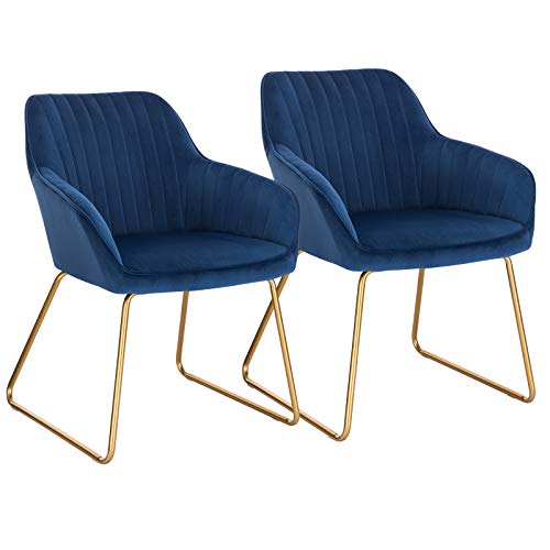 WOLTU Esszimmerstühle BH246bl-2 2er Set Küchenstuhl Polsterstuhl Wohnzimmerstuhl Sessel mit Armlehne, Sitzfläche aus Samt, Gold Beine aus Metall, Blau von WOLTU