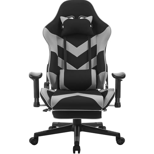 WOLTU Gaming Stuhl, Atmungsaktiv Bürostuhl Gaming Chair Ergonomisch mit Lendenkissen, Gamer Stuhl Racing PC-Stuhl mit Wippfunktion & Fußstütze Live-Streaming Drehstuhl Schwarz+Grau von WOLTU